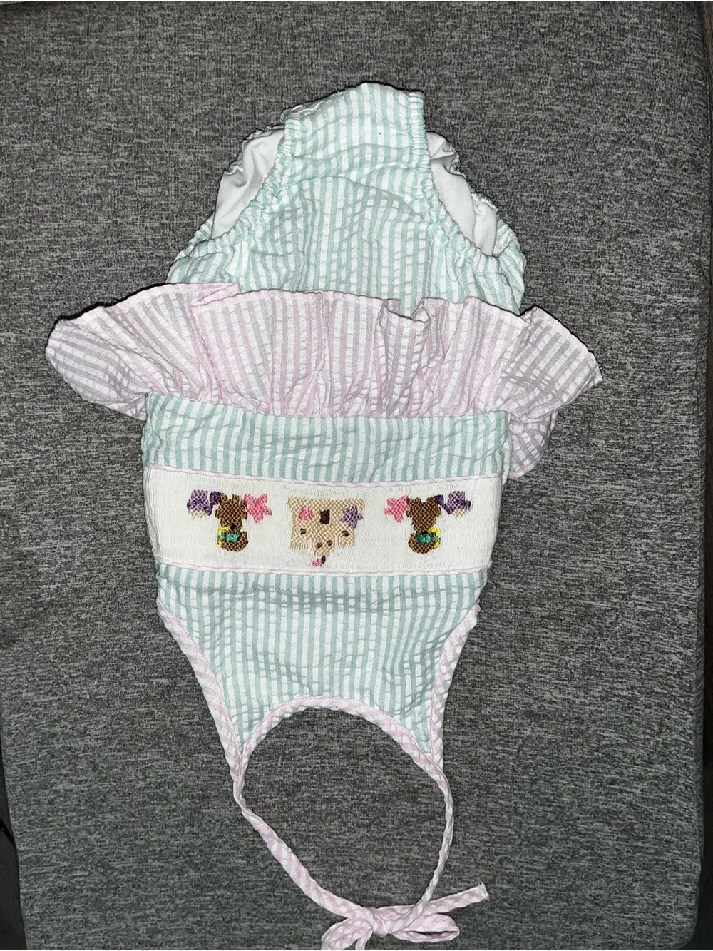 Striped Pink & Mint Baby Bonnet with Embroidered Animals